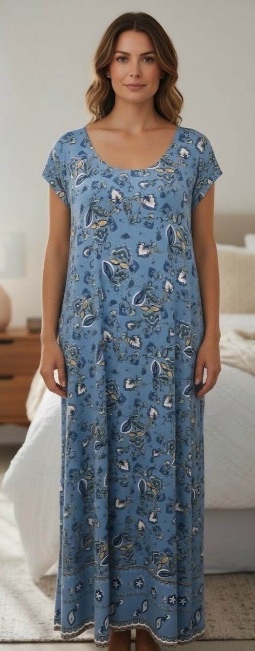 Vermont Country Store Comfort House Dress Maxi Blue Short-Sleeve Women's Plus 3X
